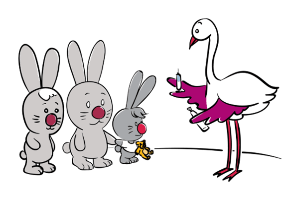 Illustration of a bird talking to three rabbits